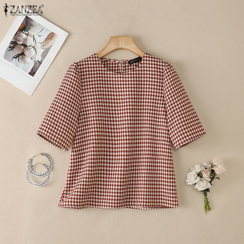 Summer De Clothing - Woman French Elegant Gingham Blouses Casual