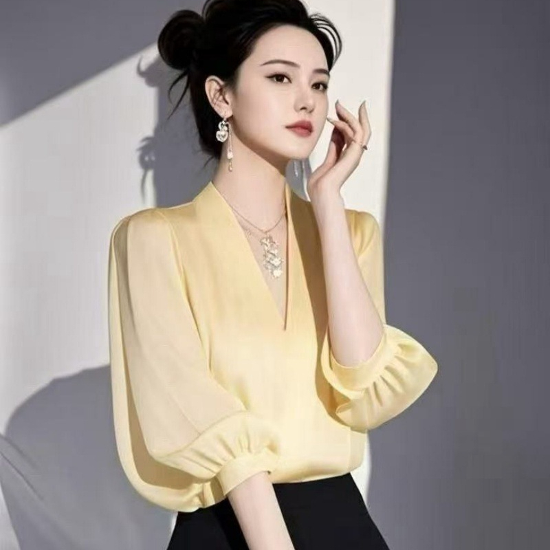 Vintage Women's Blouses Chiffo - Yellow Summer Clothing ulasan dan harga