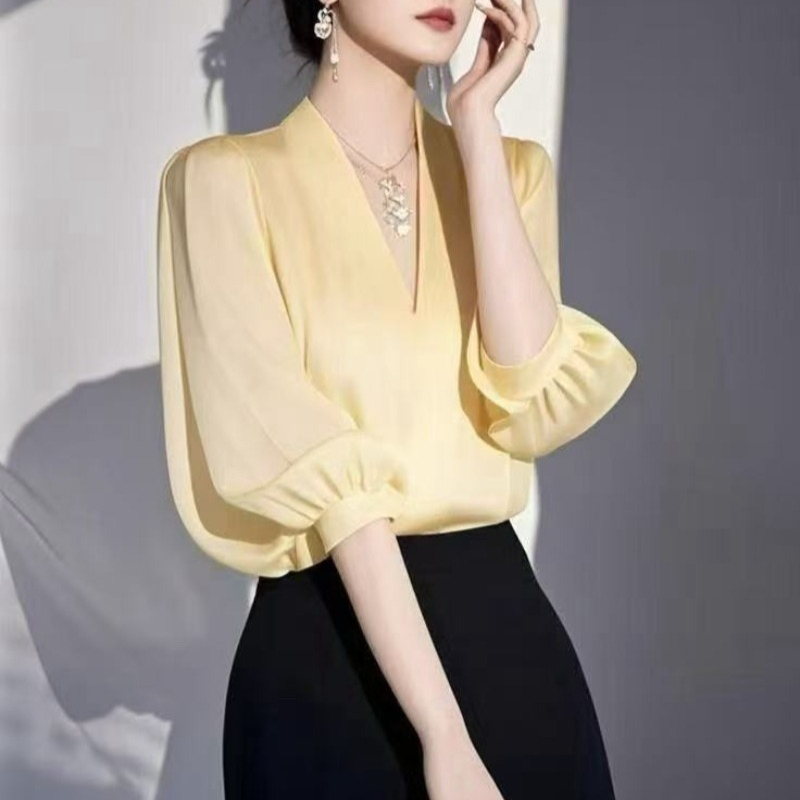 Vintage Women's Blouses Chiffo - Yellow Summer Clothing ulasan dan harga