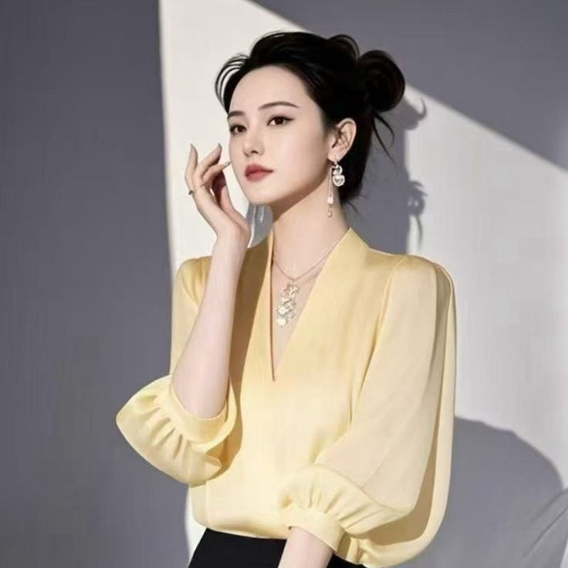 Vintage Women's Blouses Chiffo - Yellow Summer Clothing ulasan dan harga