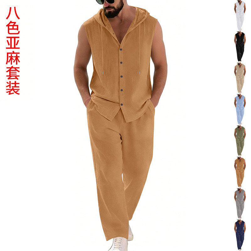 Men's Casual Linen Suit Hooded - Summer Clothing Mens ulasan dan harga
